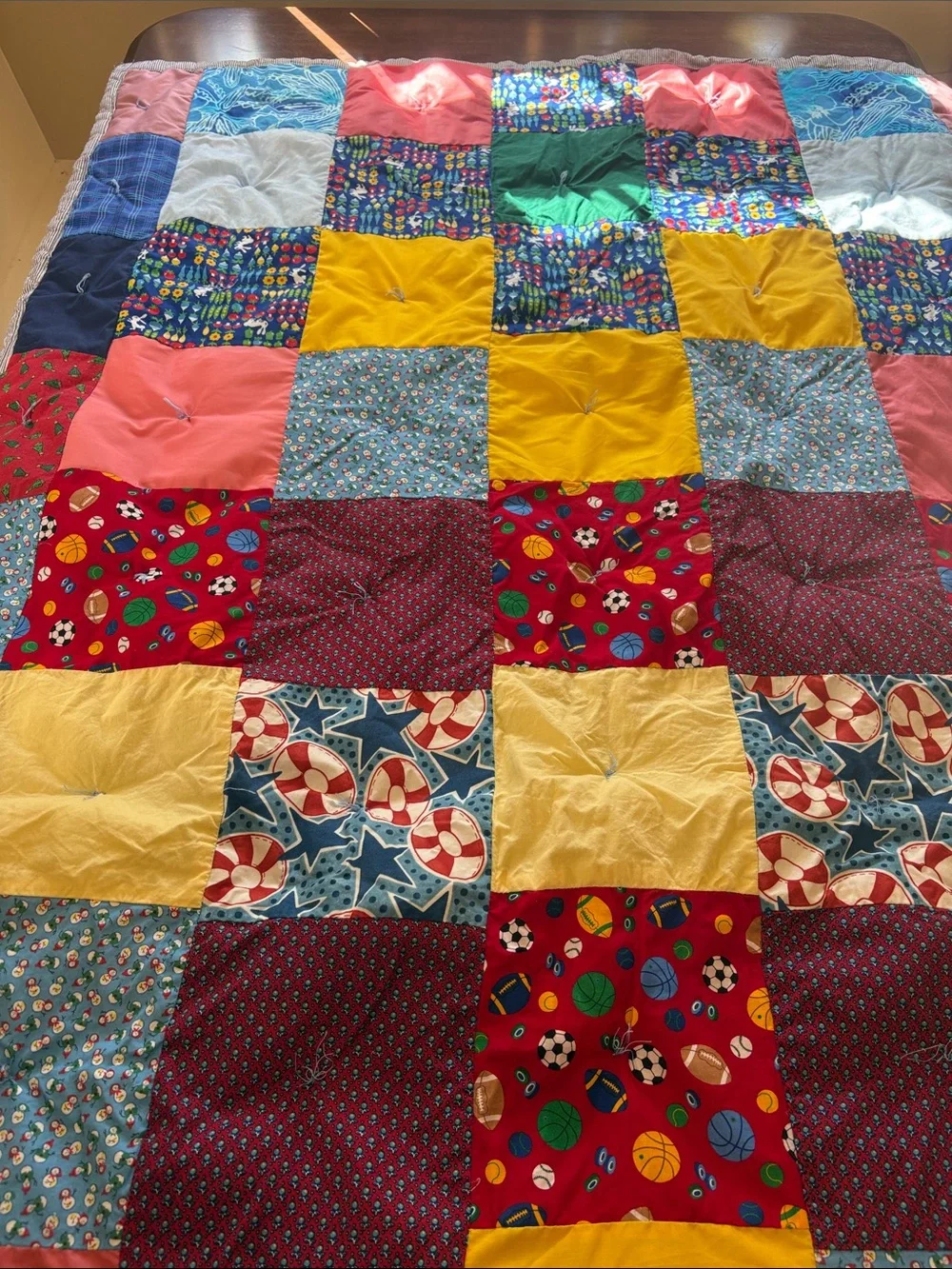 Bright Multicolor Patchwork Quilt - garden sports snowmen plaid